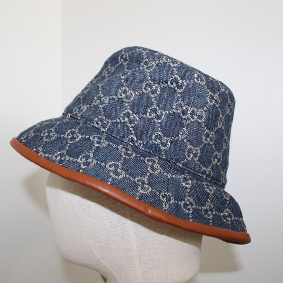 NWT GUCCI GG Blue Denim Brown Leather Trim Bucket Hat M 58 cm 576371 UNISEX main image 5